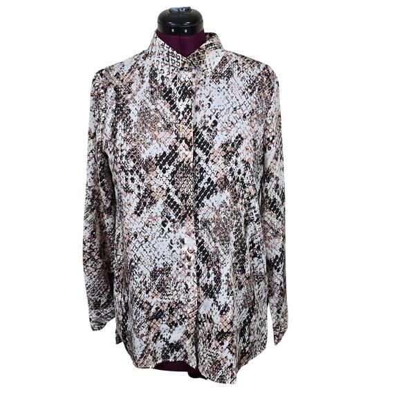 Women's Ellen Tracy Snakeskin Print Lightweight Button Down Blouse | Size Large - Picture 1 of 11